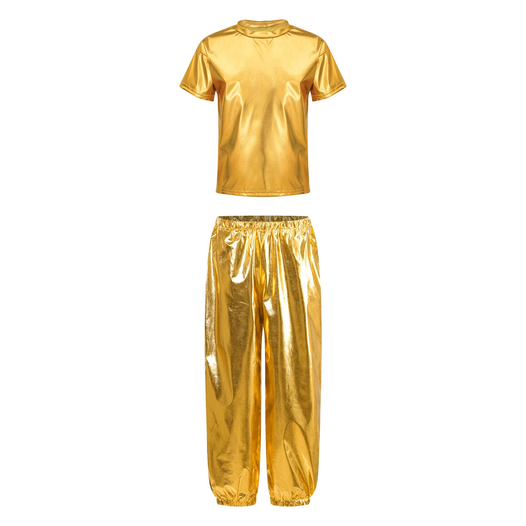 Kids Girls Boys Fashion Clothes Set Metallic Shiny T-shirt with Pants Suit for Jazz Hip Hop Street Dance Performance Costume