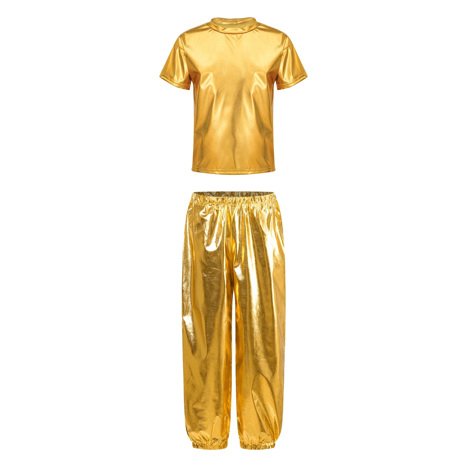 Kids Girls Boys Fashion Clothes Set Metallic Shiny T-shirt with Pants Suit for Jazz Hip Hop Street Dance Performance Costume