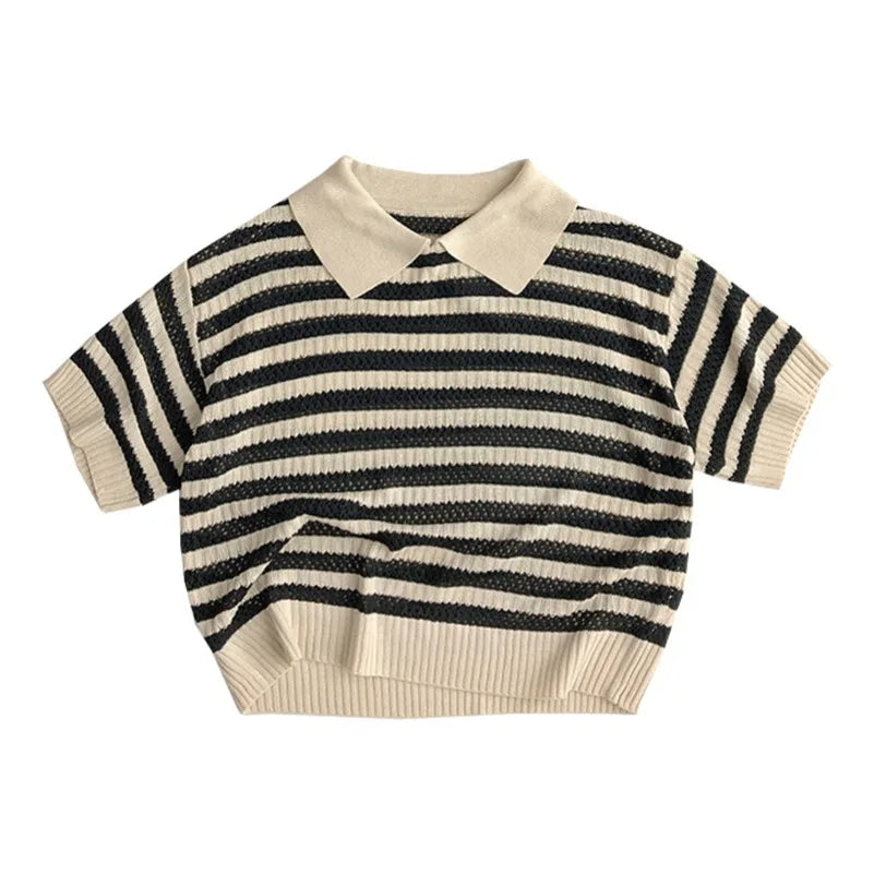 Spring and Summer Japanese Korean 1-6Y Children's Hollow Knitted Shirts Stylish Girl's Boy's Striped Short Sleeved T-shirts