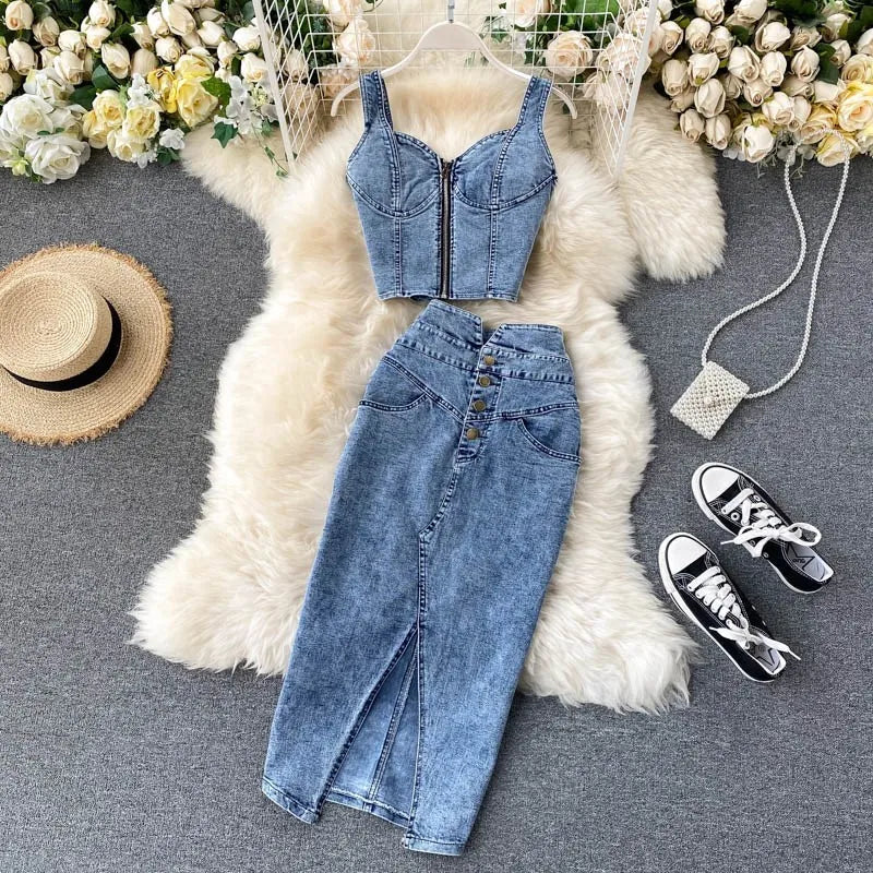 Women's Denim Top and Midi Skirt 2-Piece Set