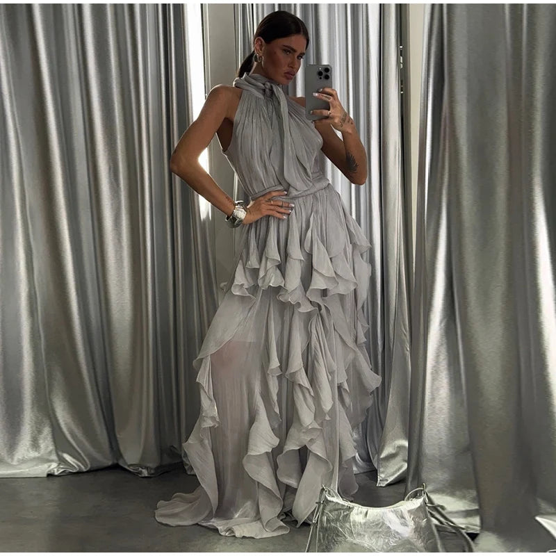 Women's Cascading Ruffle Lace-Up Long Dress