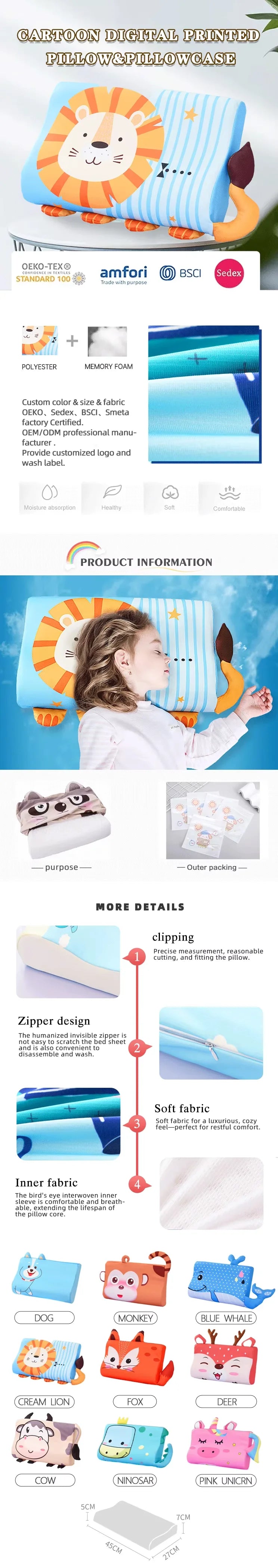 Four Seasons Baby Pillow Toddler Foam Bed Pillow Breathable Slow Rebound Baby Cartoon Neck Nursing Pillow Travel Cushion Bedding