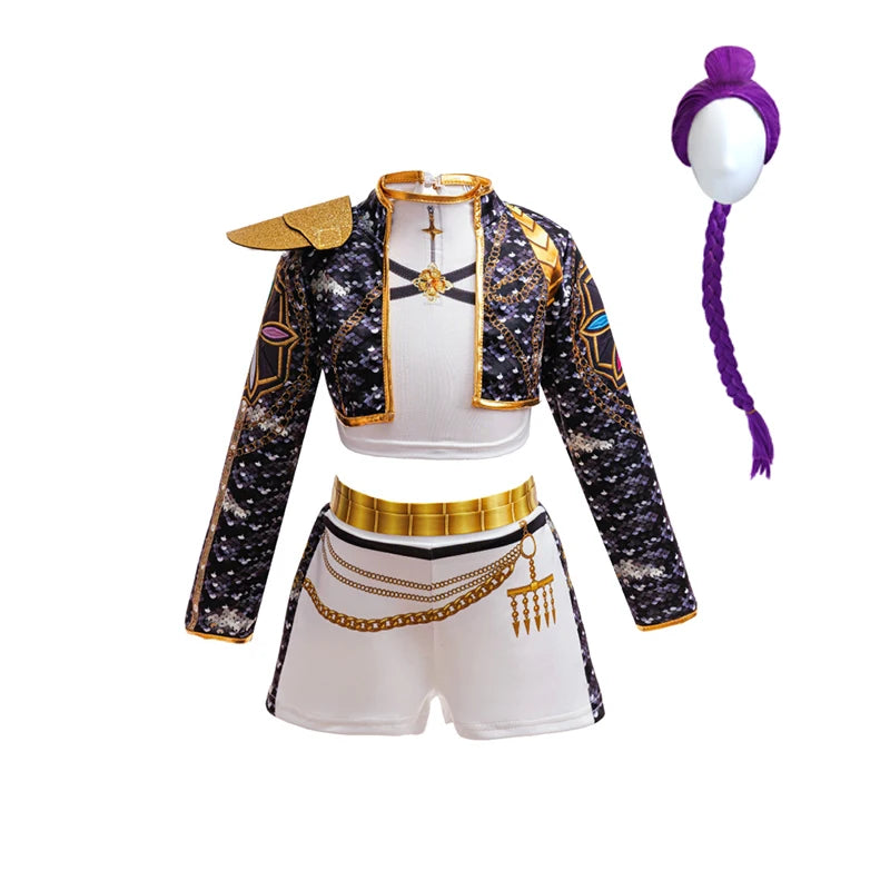 Girls Sequin Hip Hop Dance Outfit Set Crop Top Jacket Shorts with Purple Braid Wig Kids Jazz Stage Costume