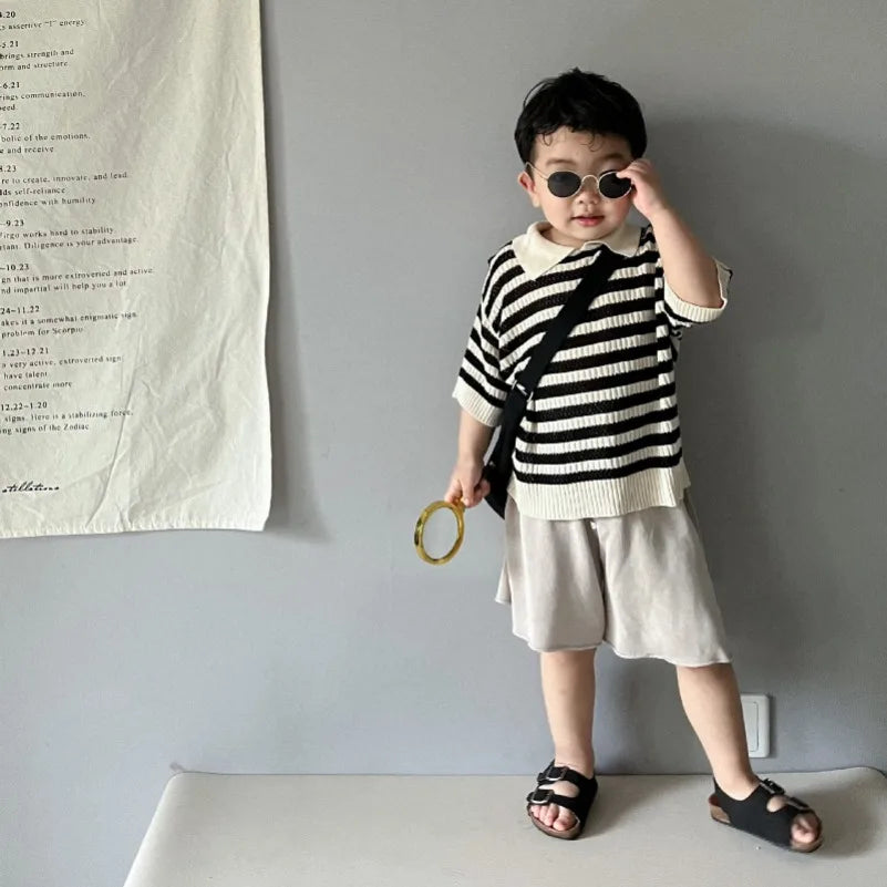 Spring and Summer Japanese Korean 1-6Y Children's Hollow Knitted Shirts Stylish Girl's Boy's Striped Short Sleeved T-shirts