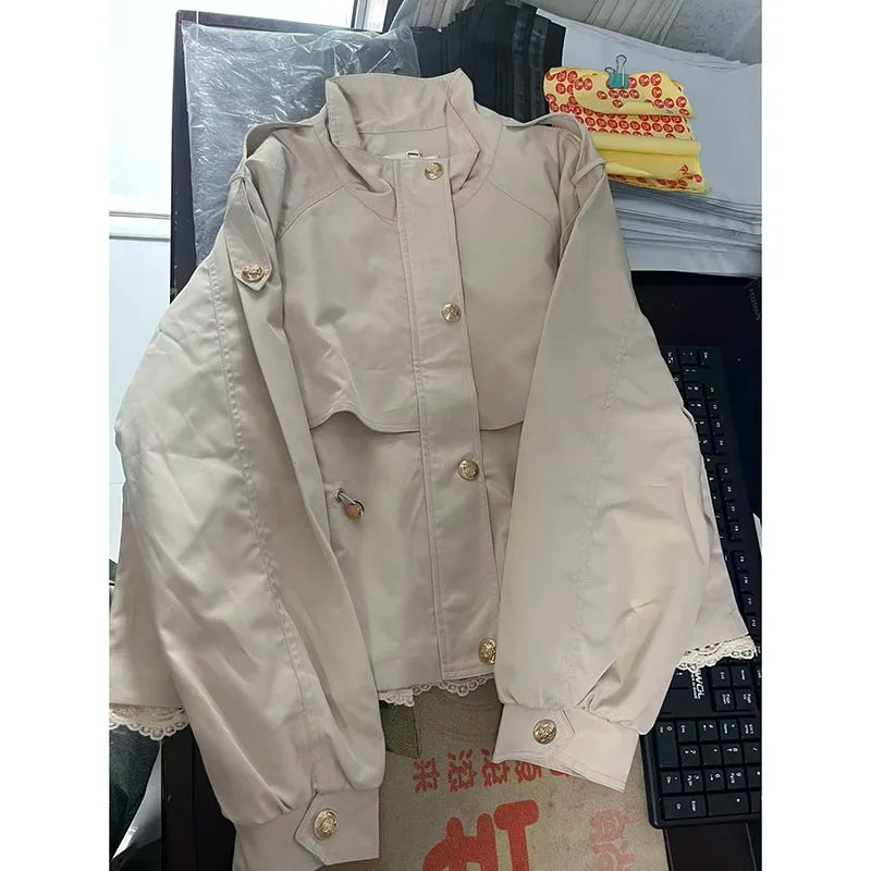 Women's Lace Trim Stand Collar Trench Coat