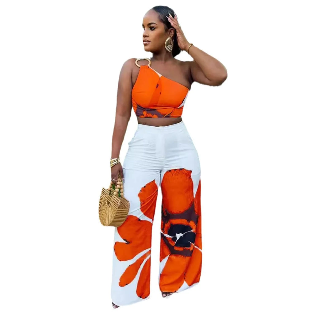 Matching Sets Wide Leg Full Length Pant Sexy Print One Shoulder Tops Pullover Pant Sets Loose Pockets High Street Spliced