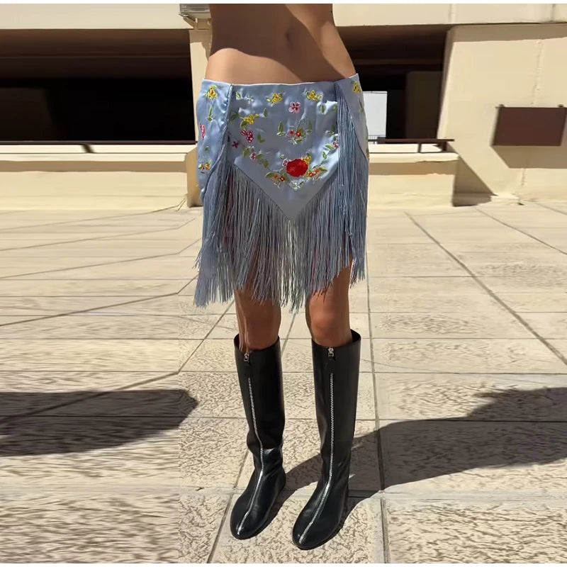 Casual Embroidery Mini Skirts Women Tassel Patchwork Low Waist Lady Short Irregular Skirts Female 2026 Summer Lady Bottoms Chic