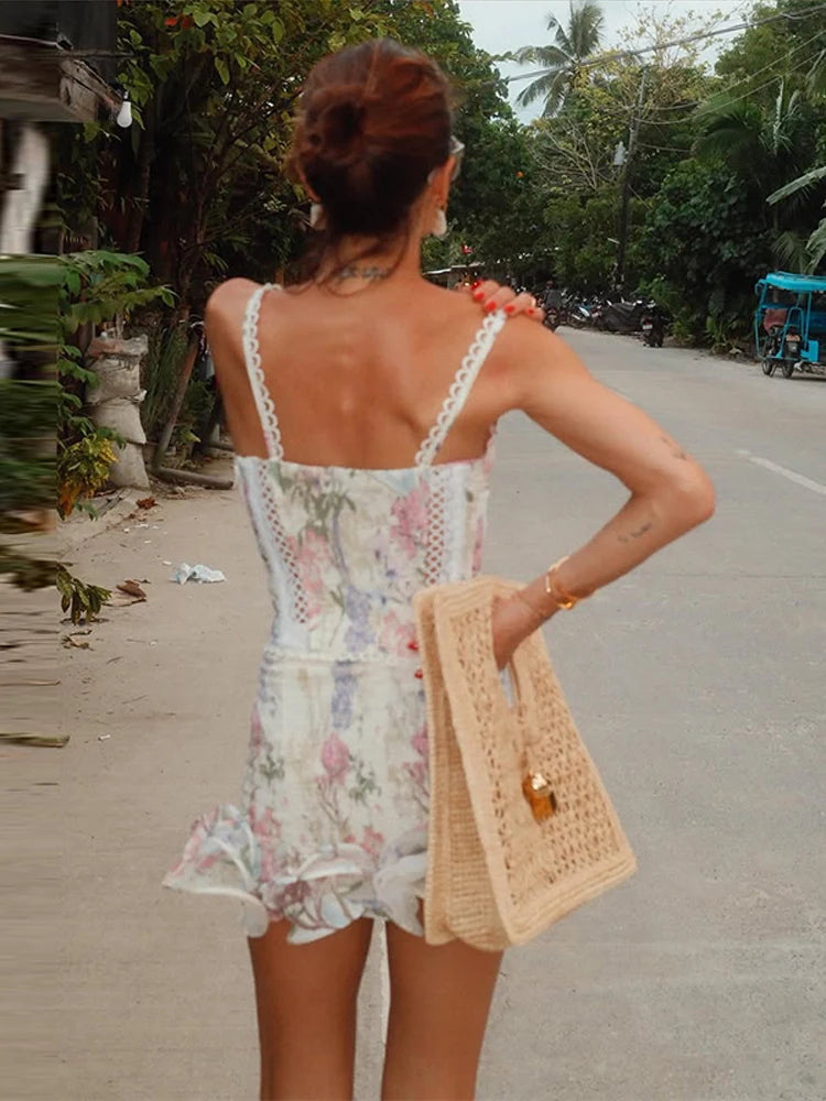Floral Print 2 Piece Set Scallop Trim Spaghetti Strap Hollow Out Corset Top Smocked Waist Ruffle Hem 2026 Summer Beach Vacation