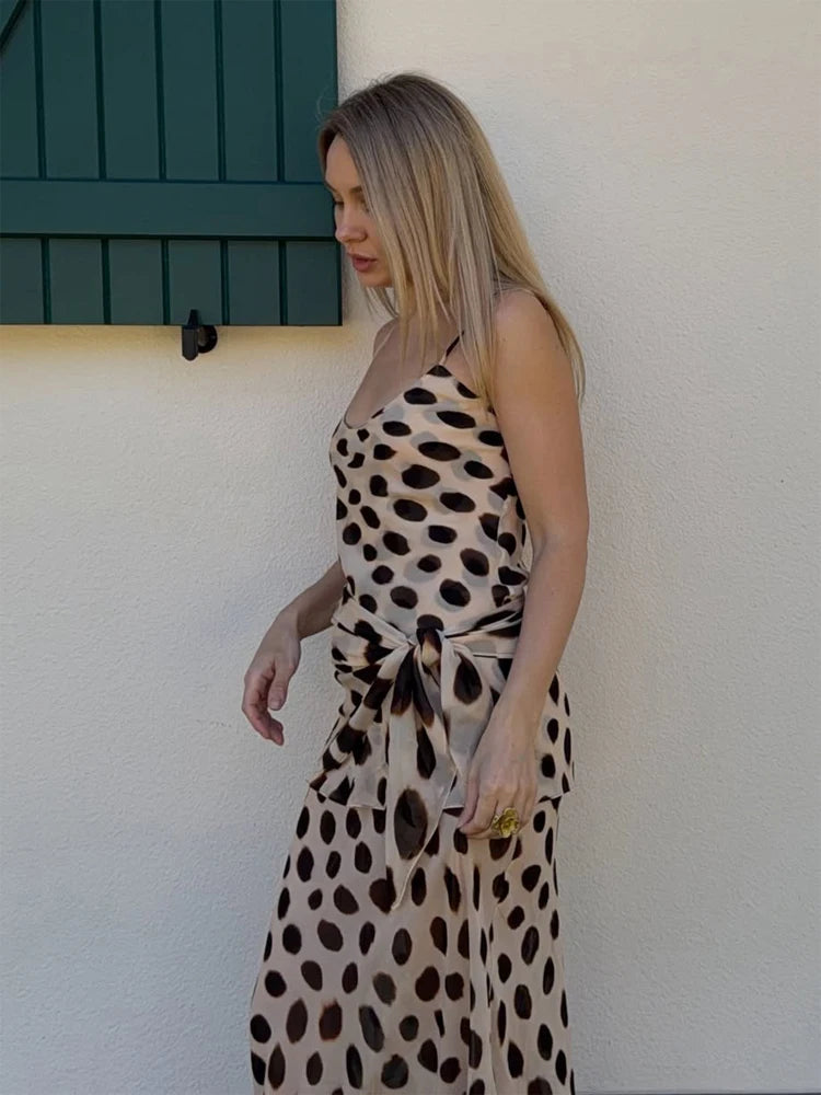 Women's Dot Print Long Sleeve Split Midi Dress