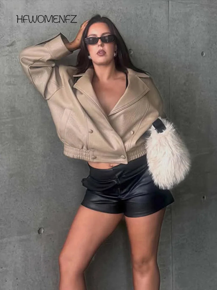 Casual Solid Pu Jackets Women Fashion Loose Khaki Lapel Double Breasted Leather Coat Female 2026 Autumn Lady Outwears Chic