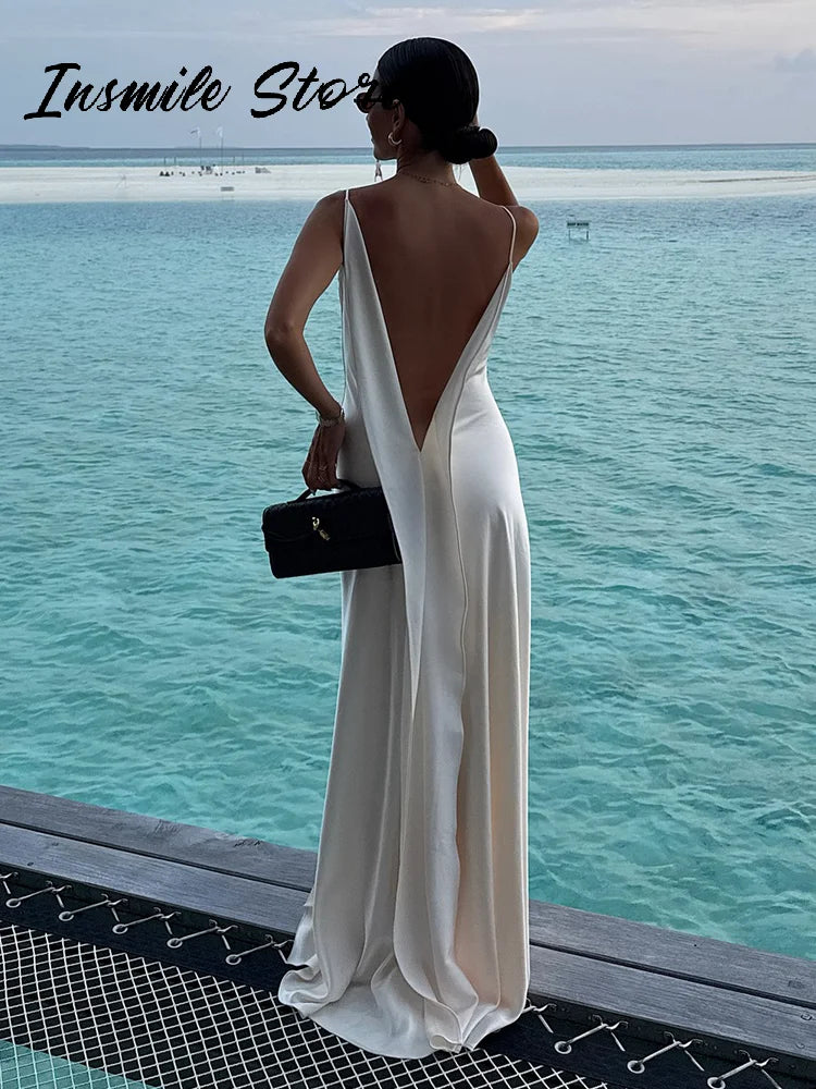 Women's Backless Satin V-Neck Sling Sundress