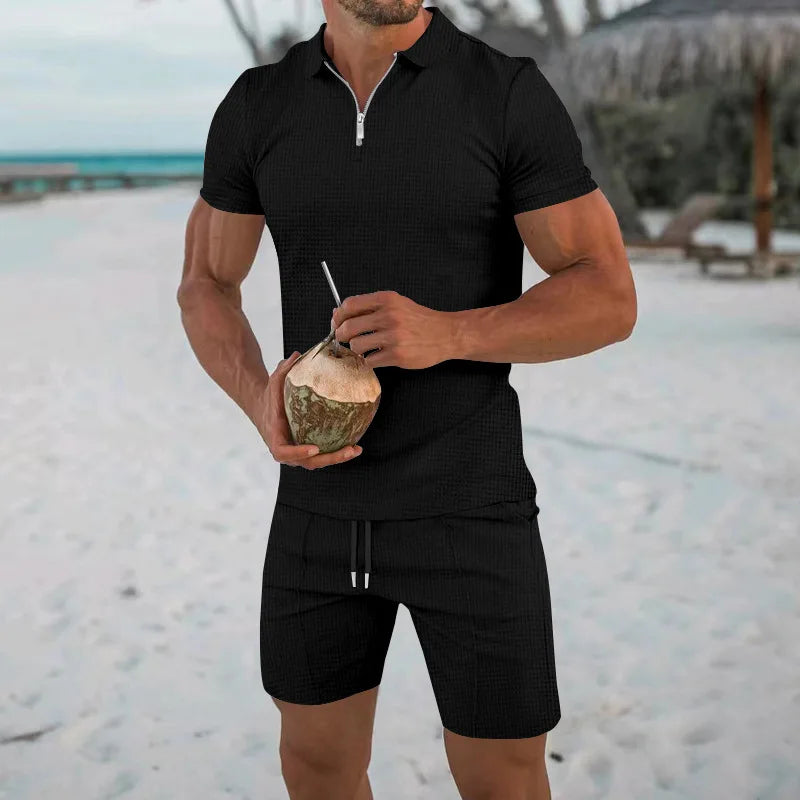 Men's Comfortable Short-Sleeved Waffle Polo Shirt And Shorts Set - Breathable Lightweight Spring/Summer Clothing