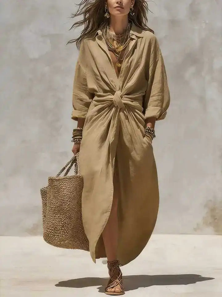 Women's Boho Linen Maxi Shirt Dress