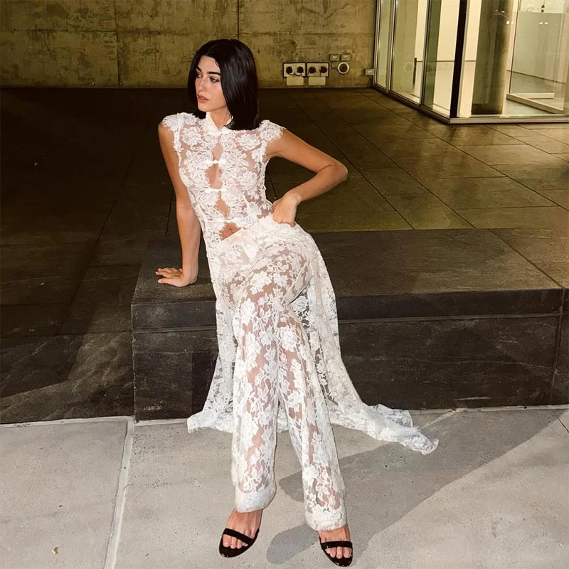 Women's Lace Halter Fishtail Maxi Gown