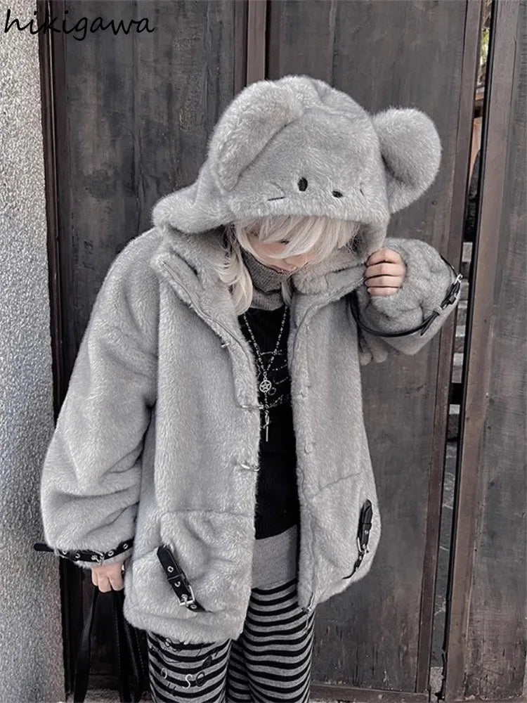 Women's Mouse Ear Hooded Faux Fur Coat