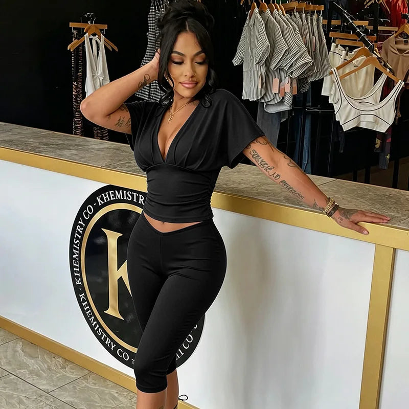 Joskaa Casual Solid 2 Piece Sets Women Sexy V-Neck Ruched Half Sleeve Top and Tight Cropped Pants Matching Tracksuits Streetwear