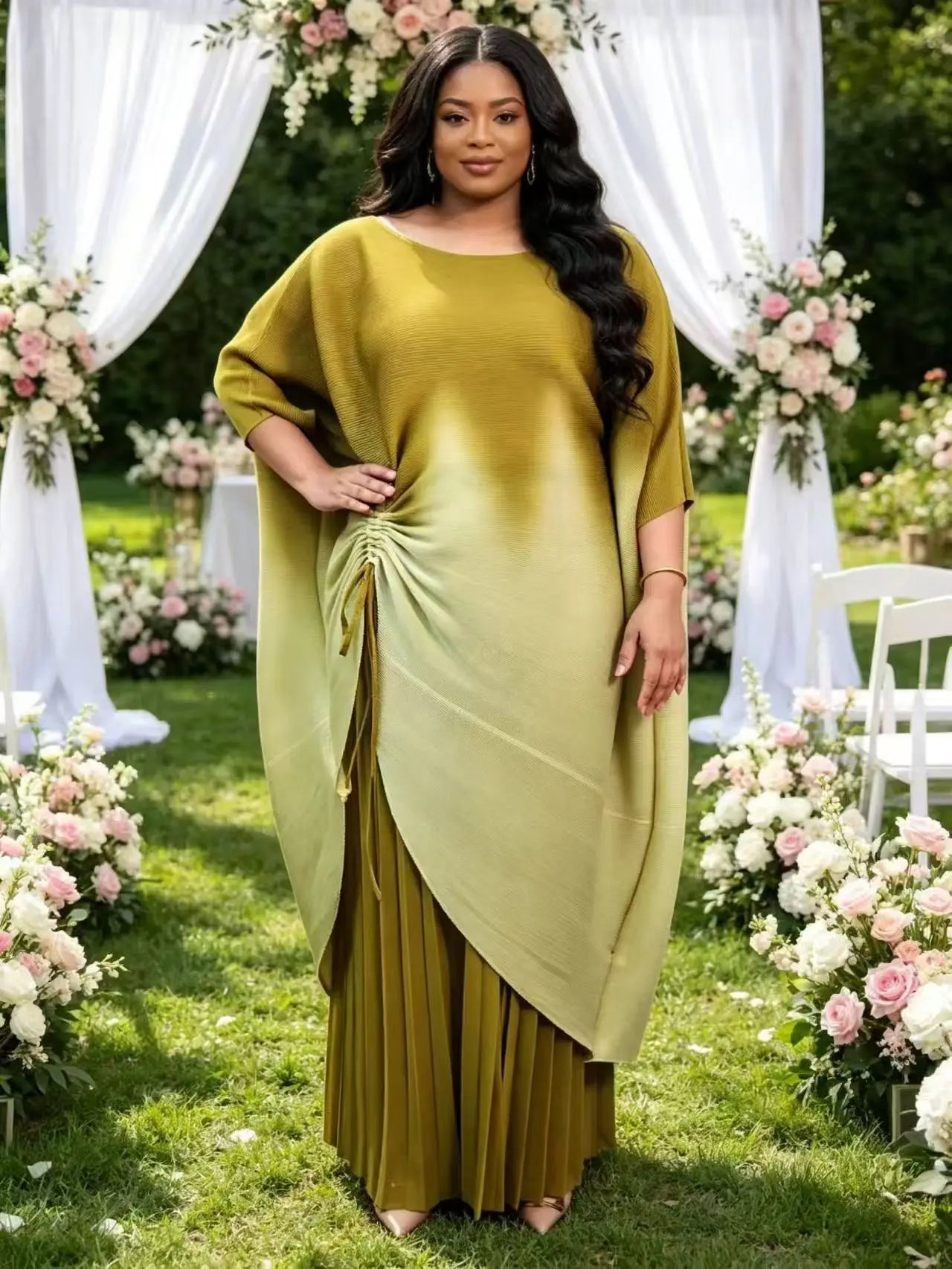 Miayke 2026 New Bat Sleeve Fashion Loose Drawstring Gradual Change Top Wide Leg Pants Loose Two-piece Set Women's Clothing