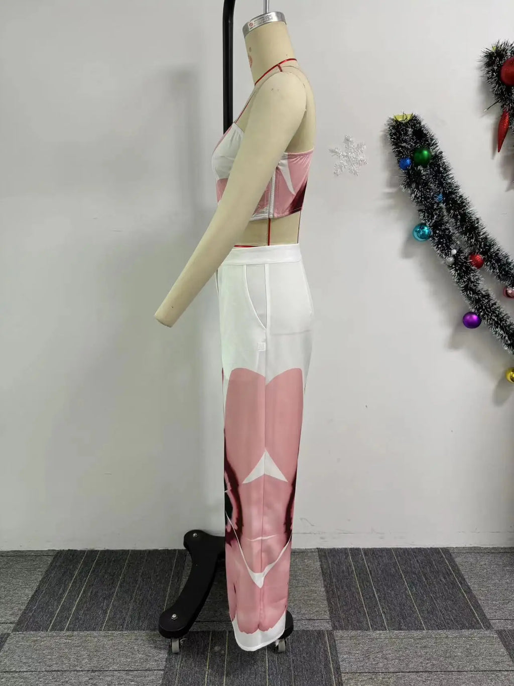 Matching Sets Wide Leg Full Length Pant Sexy Print One Shoulder Tops Pullover Pant Sets Loose Pockets High Street Spliced