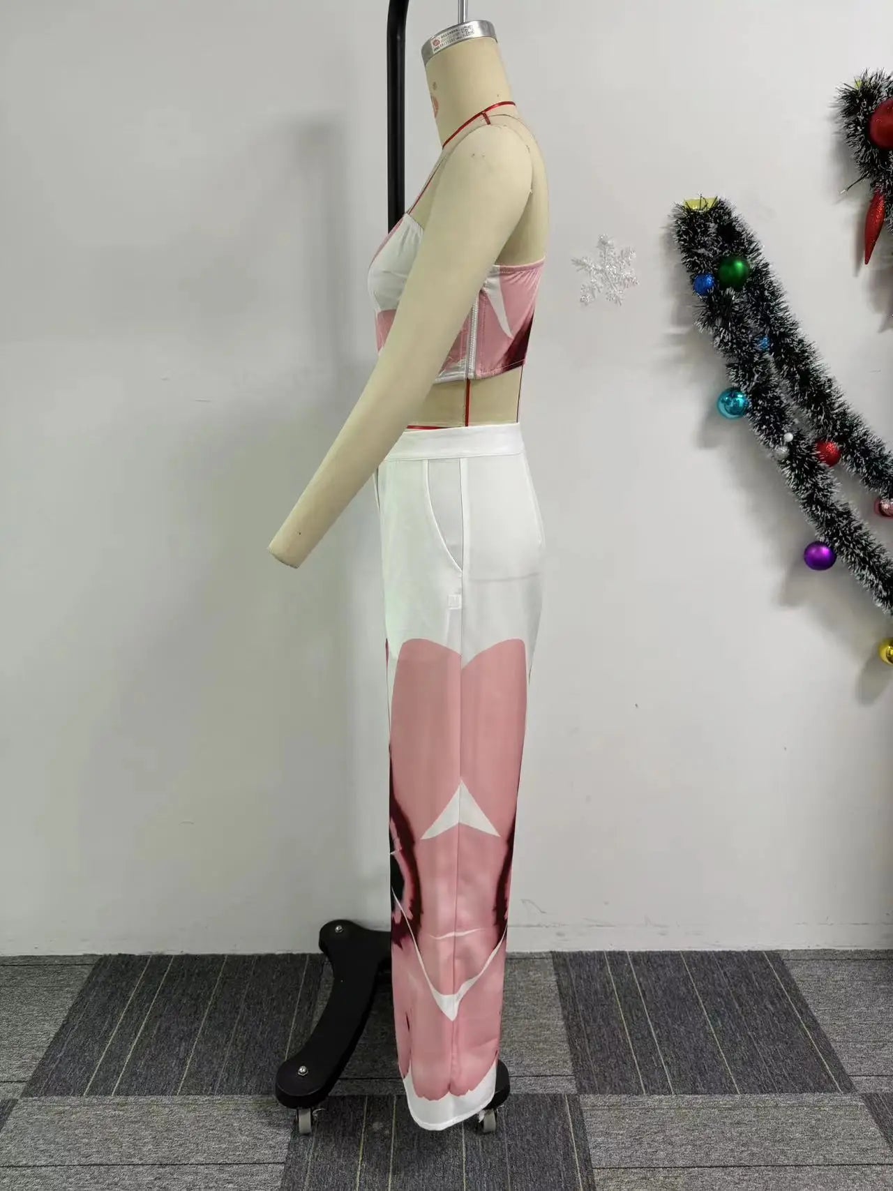 Matching Sets Wide Leg Full Length Pant Sexy Print One Shoulder Tops Pullover Pant Sets Loose Pockets High Street Spliced