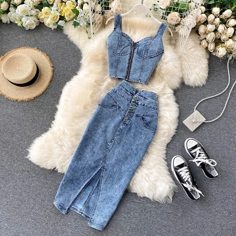 Women's Denim Top and Midi Skirt 2-Piece Set