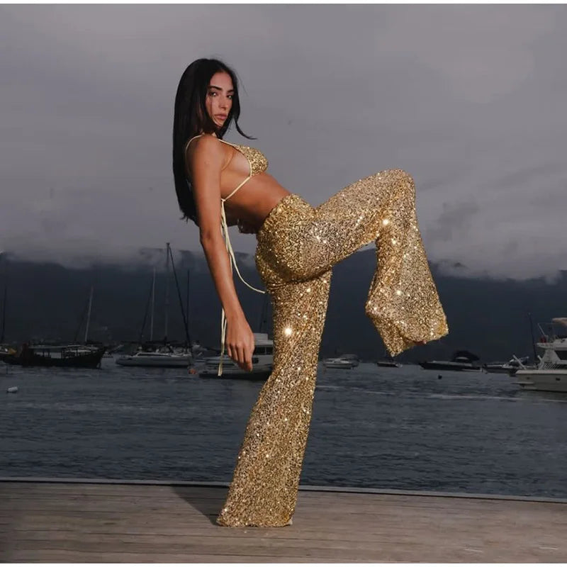 Women's Sequin Halter Top and Wide Leg Pants Set