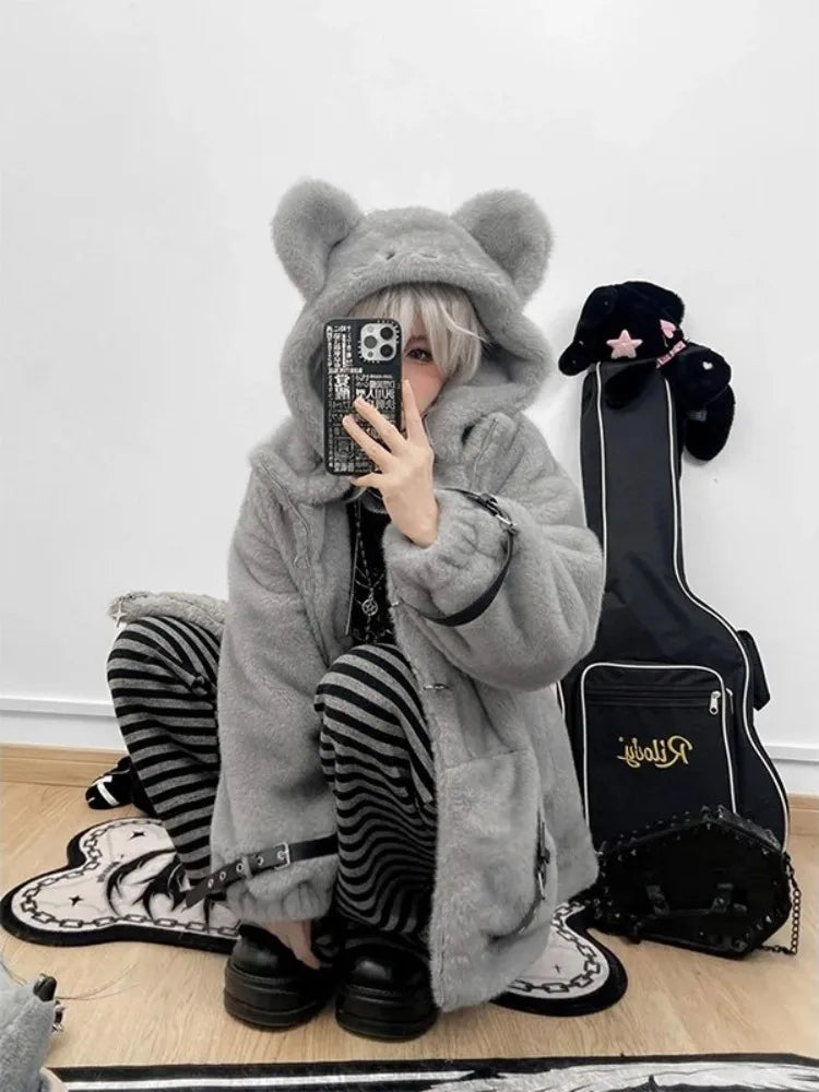 Women's Mouse Ear Hooded Faux Fur Coat