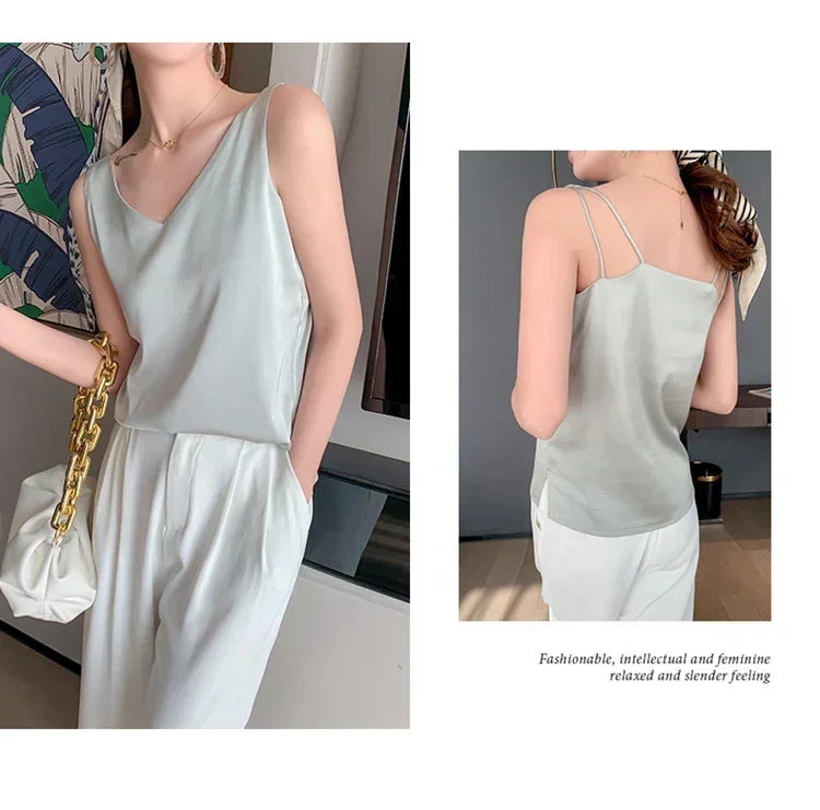 Summer New Silk Top Special Offer Sexy Strap Women's V-neck Printed Letter Tank Top Korean Fashion Solid Color Thin T-shirt