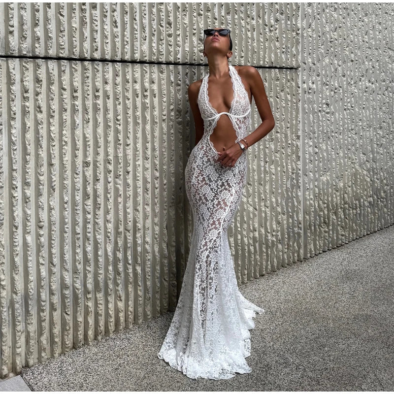 Women's Lace Halter Fishtail Maxi Gown