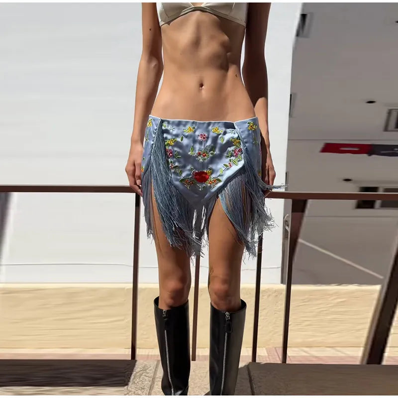 Casual Embroidery Mini Skirts Women Tassel Patchwork Low Waist Lady Short Irregular Skirts Female 2026 Summer Lady Bottoms Chic