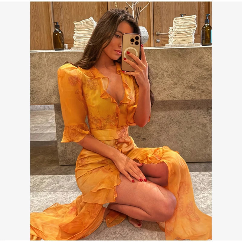 Women's Floral Puff Sleeve Maxi Dress