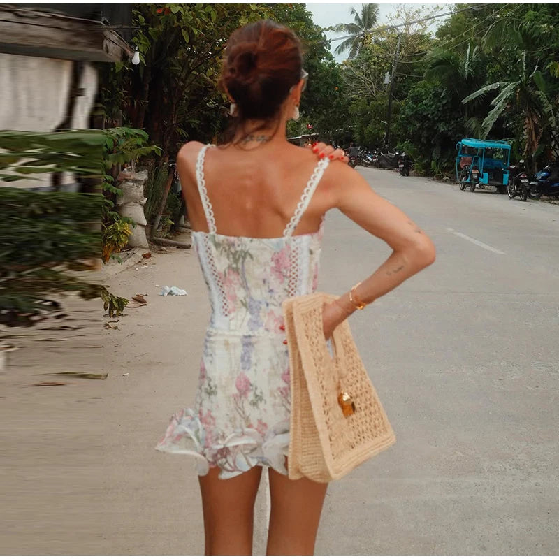 Women Skirt Set Spaghetti Strap Sleeveless Cinched Waist Corset Top High Waist Lace Hem Mini Skirt Slimming Chic Suit For Ladies