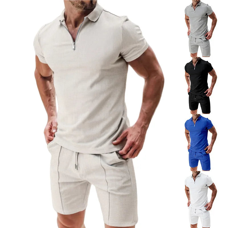 Summer New Men's Suit Fashion Printing Lapel Zipper 2 Piece Set Short-sleeved T-shirt and Shorts Sportswear Beach Suit