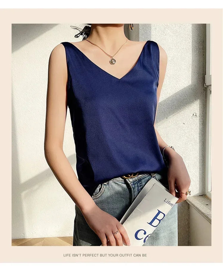 Summer New Silk Top Special Offer Sexy Strap Women's V-neck Printed Letter Tank Top Korean Fashion Solid Color Thin T-shirt