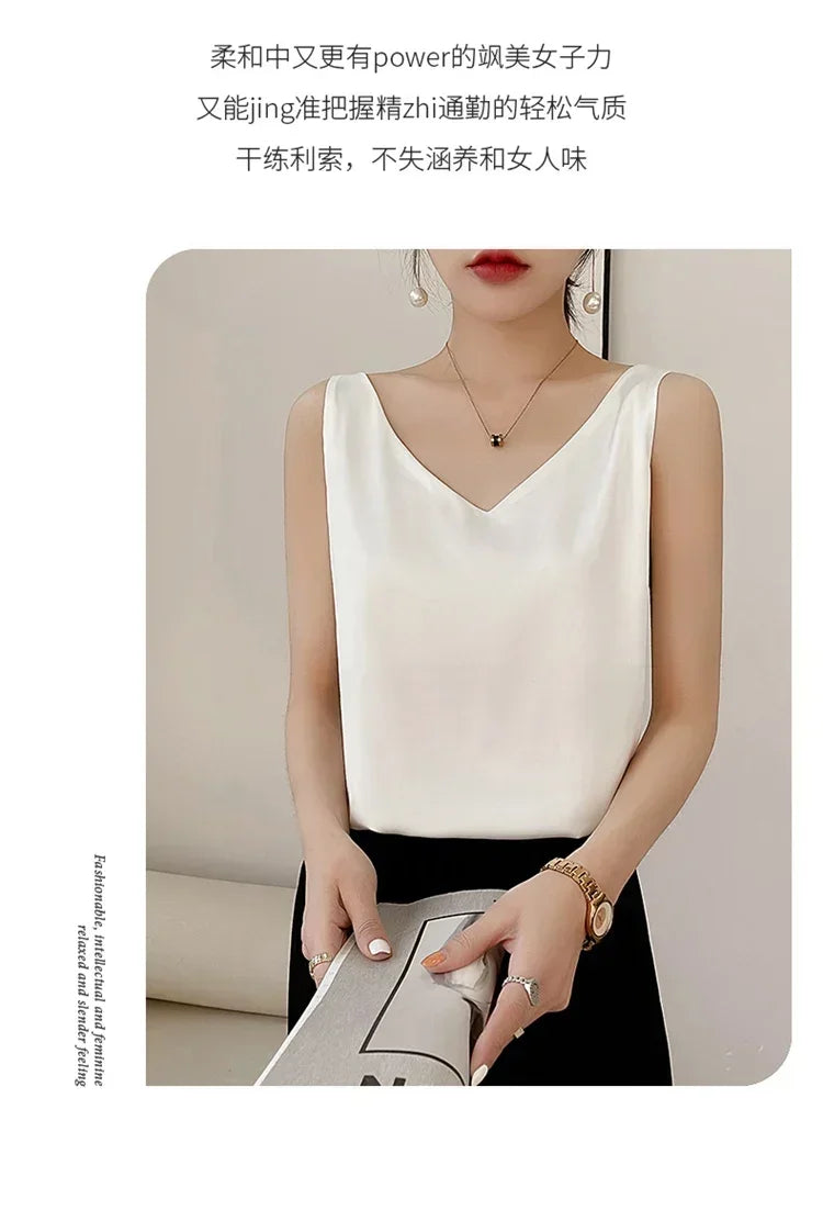 Summer New Silk Top Special Offer Sexy Strap Women's V-neck Printed Letter Tank Top Korean Fashion Solid Color Thin T-shirt