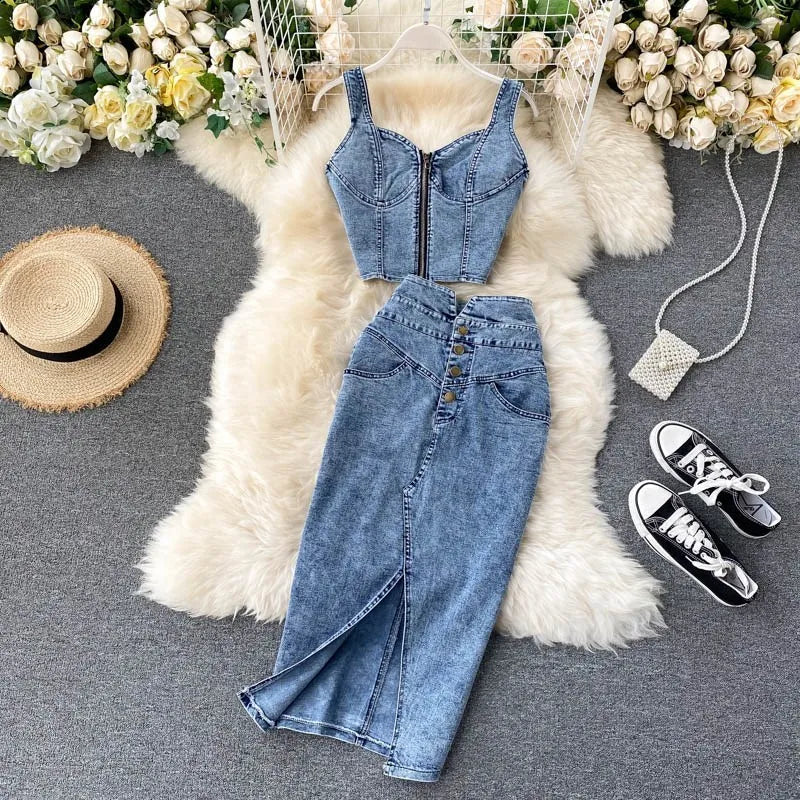 Women's Denim Top and Midi Skirt 2-Piece Set