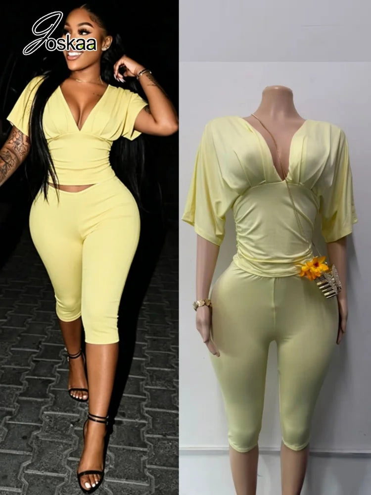 Joskaa Casual Solid 2 Piece Sets Women Sexy V-Neck Ruched Half Sleeve Top and Tight Cropped Pants Matching Tracksuits Streetwear