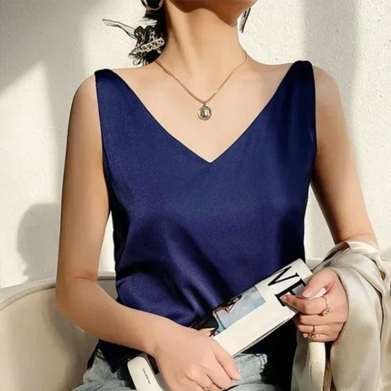 Summer New Silk Top Special Offer Sexy Strap Women's V-neck Printed Letter Tank Top Korean Fashion Solid Color Thin T-shirt