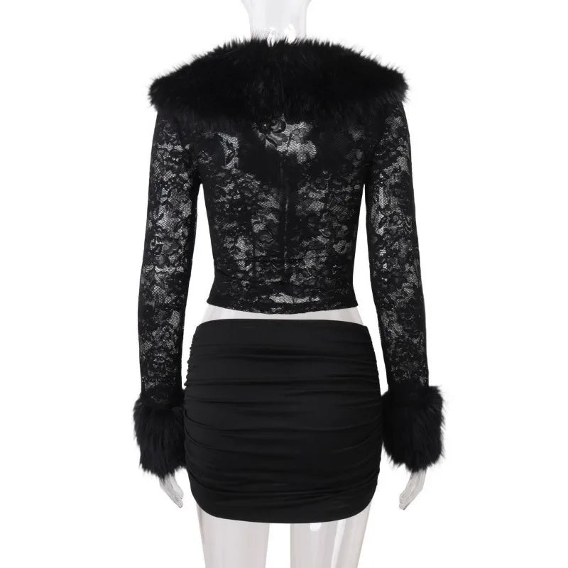 Women's Y2K Furry Crop Top and Mini Skirt Set