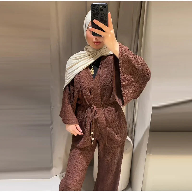 Casual Pleated Cardigan Pants Set V-neck Drop Shoulder Flared Sleeves Belt Waist Shirt Wide Leg Pants 2026 Chic Lightweight Sets