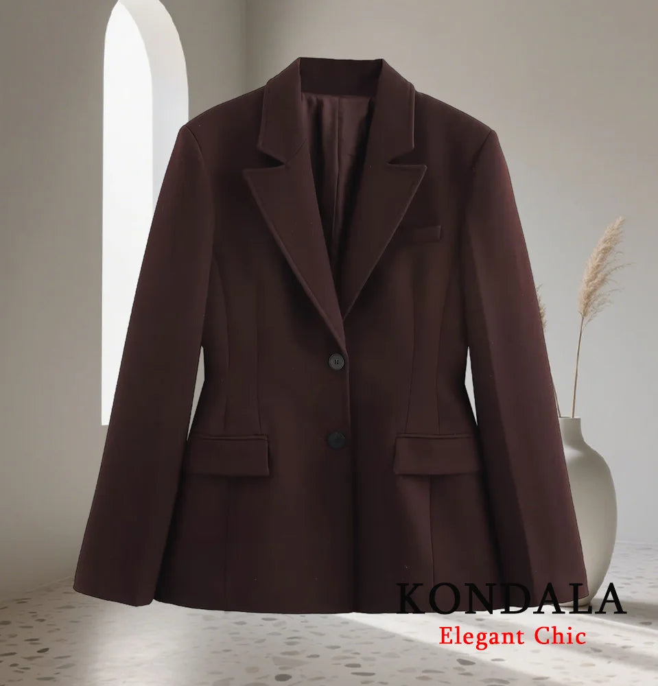KONDALA Women Fall Vintage Elegant Blazer Lapel Cinched-Waist Brown Blazer 2025 Autumn Fashion High Street Commute Lady Suit