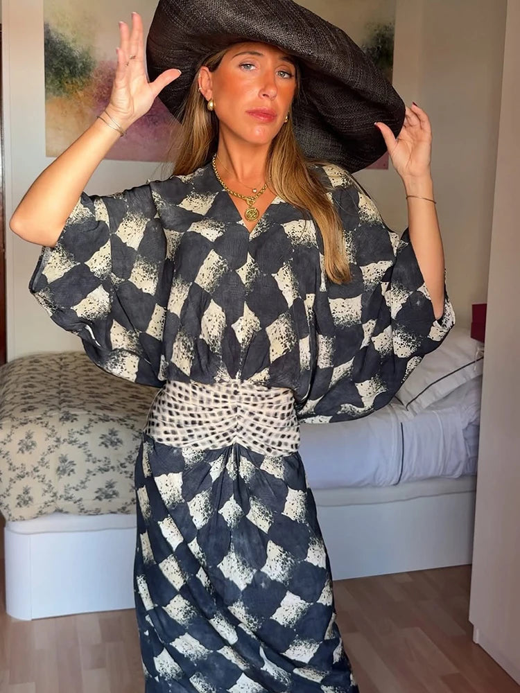 Women's Plaid Batwing Sleeve Maxi Dress