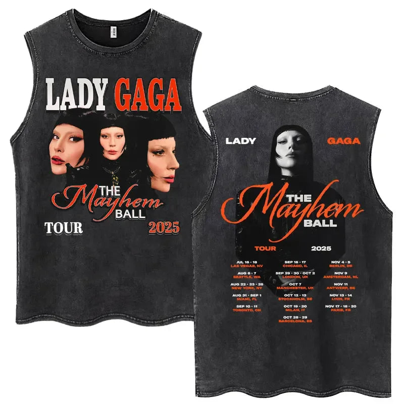 Lady Gaga The Mayhem Ball Tour 2025 Washed Tank Tops Fashion Men Women Vintage Y2K Sleeveless T Shirt 100% Cotton Oversized Tees
