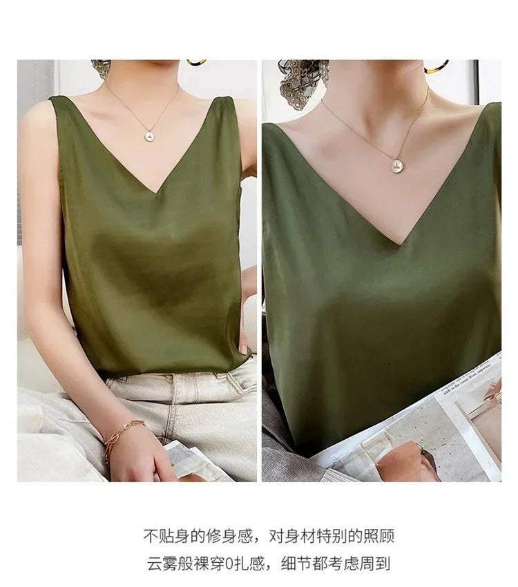 Summer New Silk Top Special Offer Sexy Strap Women's V-neck Printed Letter Tank Top Korean Fashion Solid Color Thin T-shirt