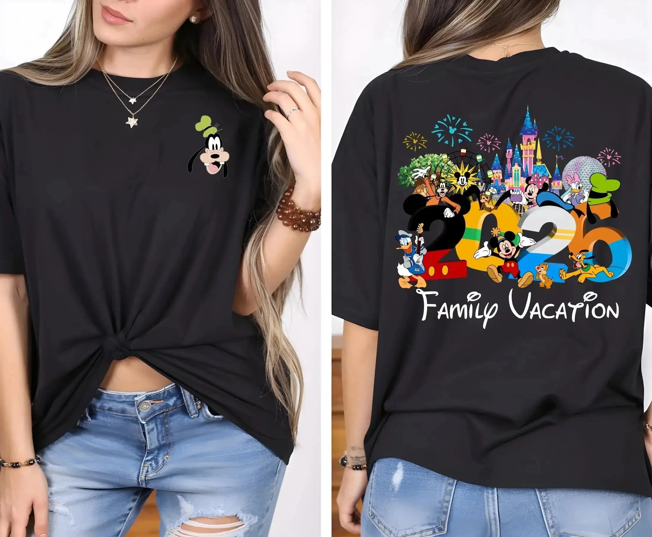 2026 Summer Mickey Classic Character Family Trip Theme Cotton Printed Short Sleeve T-shirt Men women families children