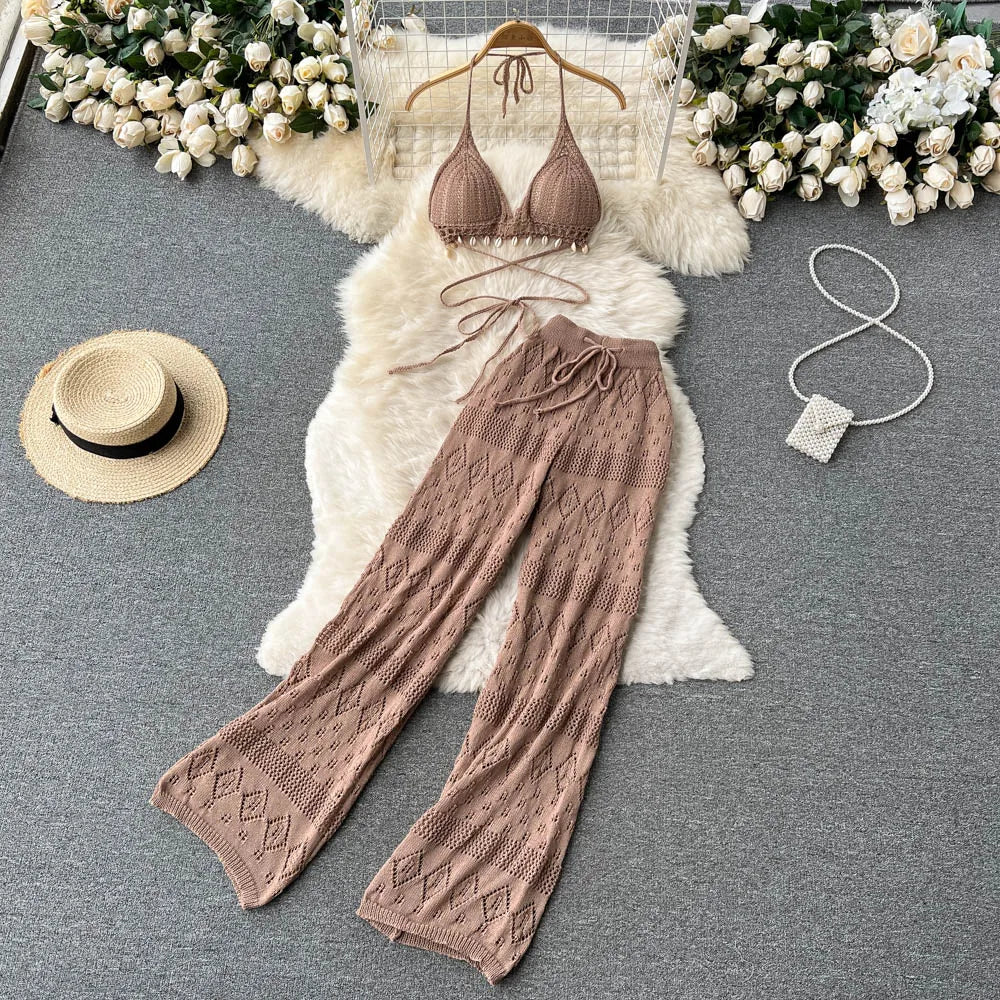 SINGREINY Women Summer Design Knitted Set Sexy Backless Halter Short Tops+Chic Hollow Knitted Wide Leg Long Pants Two Piece Suit