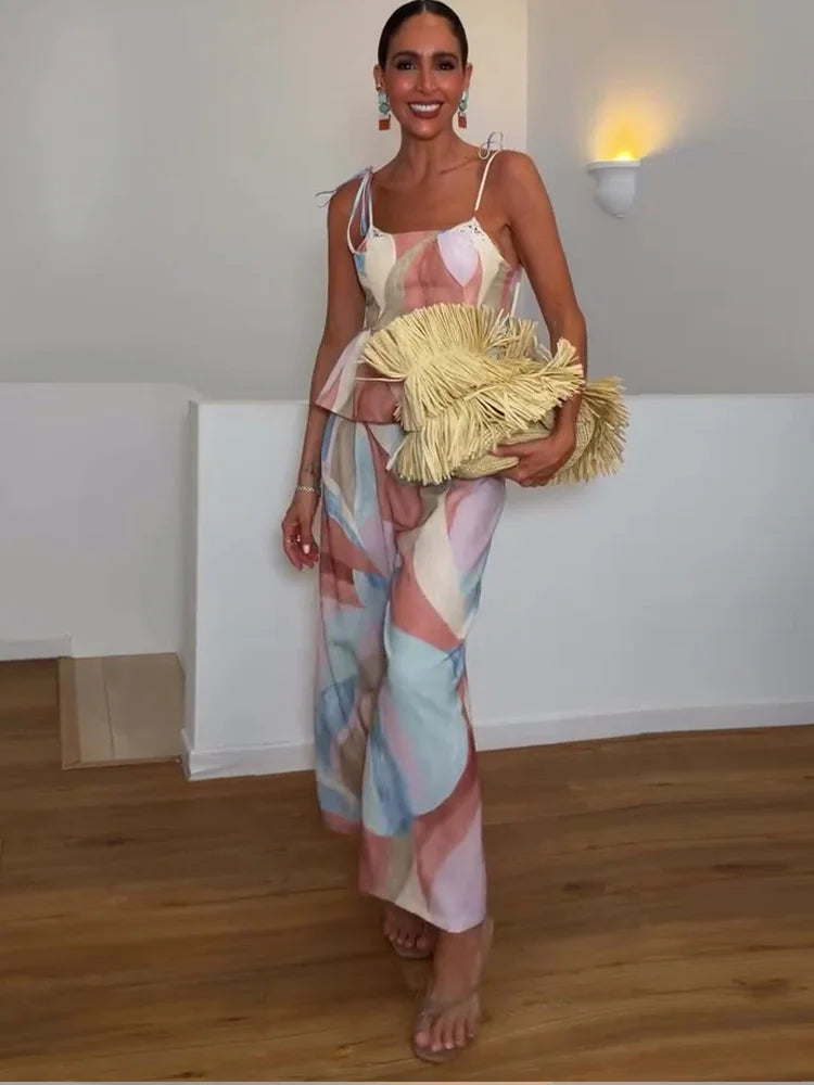 Women's Pastel Print Cami Top and Wide Leg Pants Set