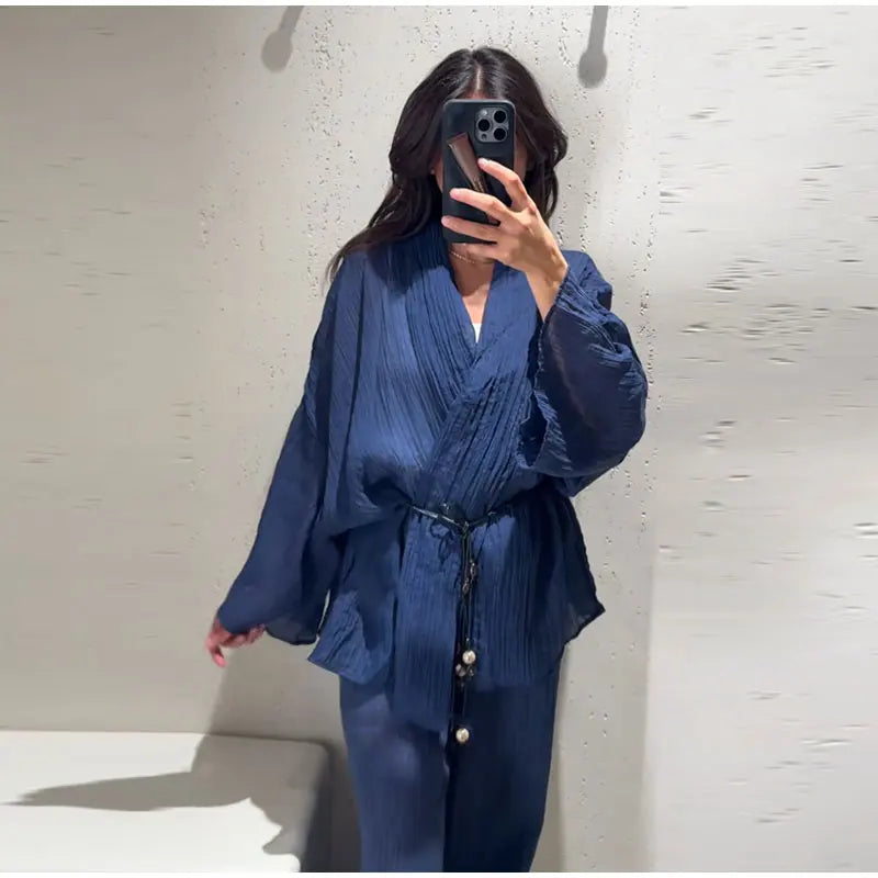 Casual Pleated Cardigan Pants Set V-neck Drop Shoulder Flared Sleeves Belt Waist Shirt Wide Leg Pants 2026 Chic Lightweight Sets