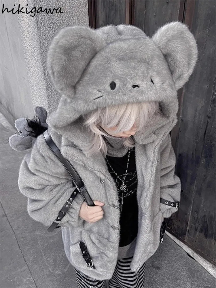 Women's Mouse Ear Hooded Faux Fur Coat