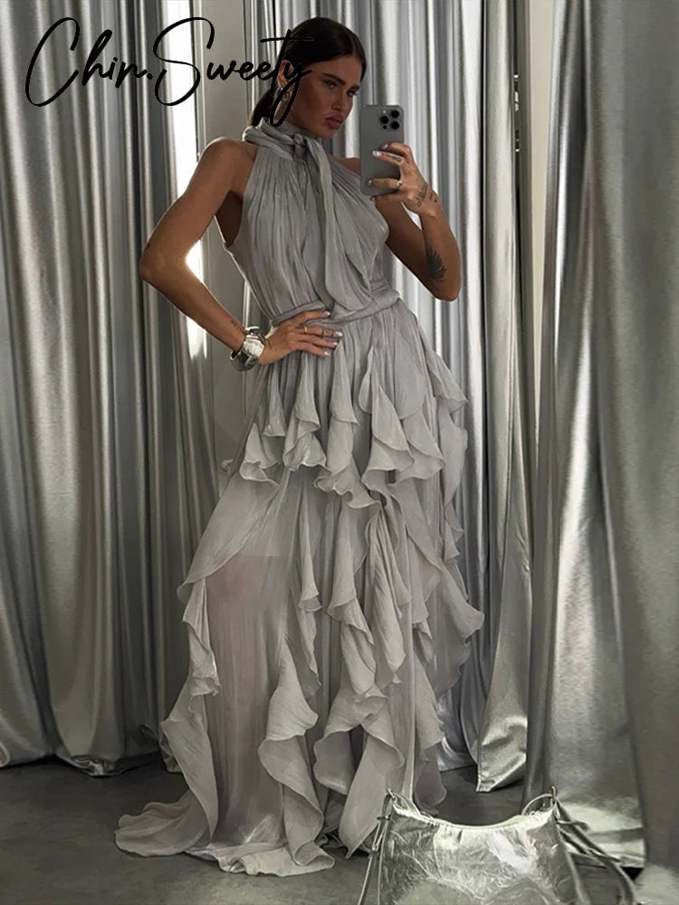 Women's Cascading Ruffle Lace-Up Long Dress
