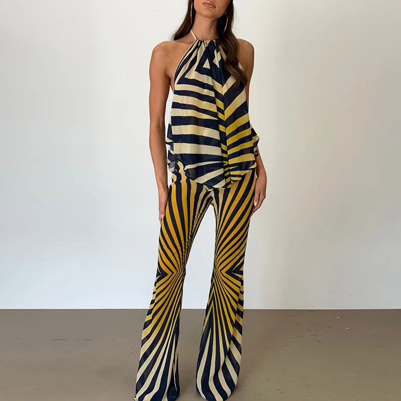 Women's Halter Backless Top and Flared Pants Set